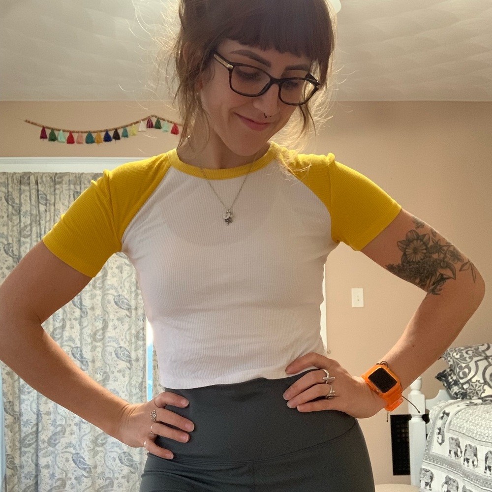 **SOLD** zara trafaluc baseball tee yellow crop top size small
